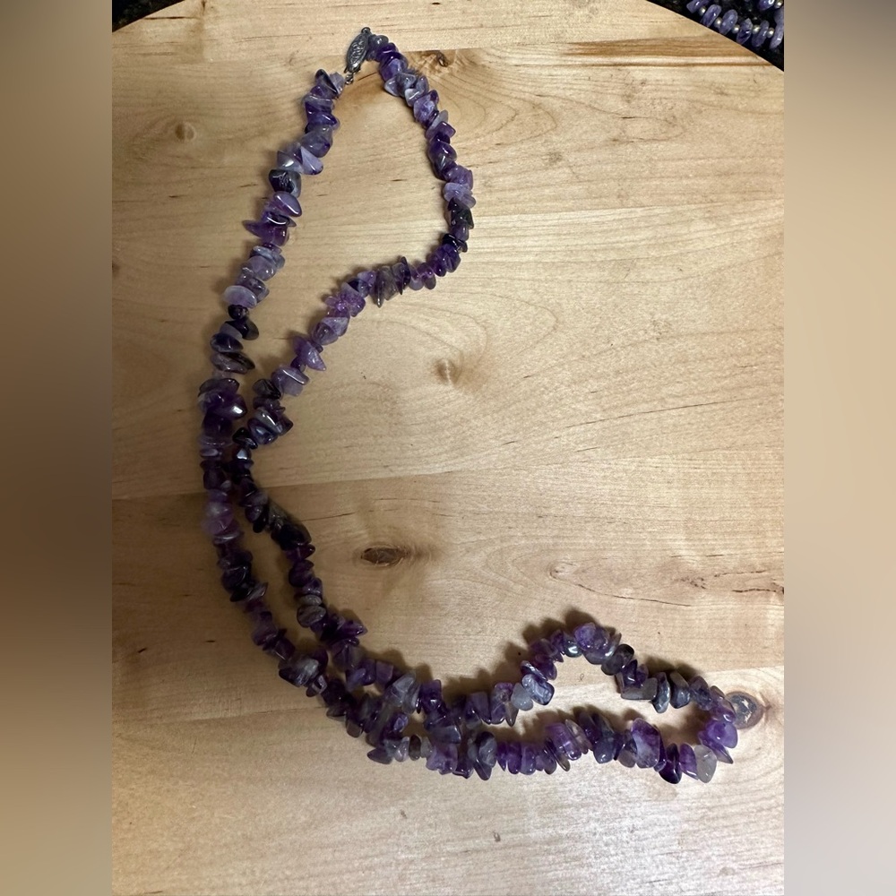 Vintage Deep Purple Amethyst Chip Beaded Strand Necklace Filigree Silver Clasp